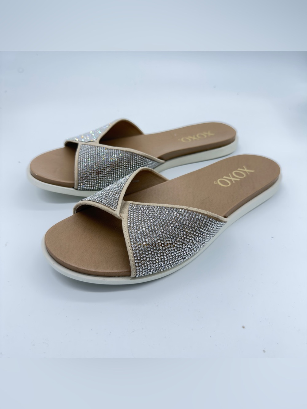 XOXO Women's Champagne Crystal-Embellished Slide Sandals